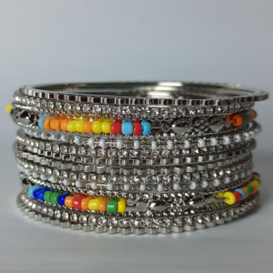 Silver Crystal & Rainbow Bead Bangle Set